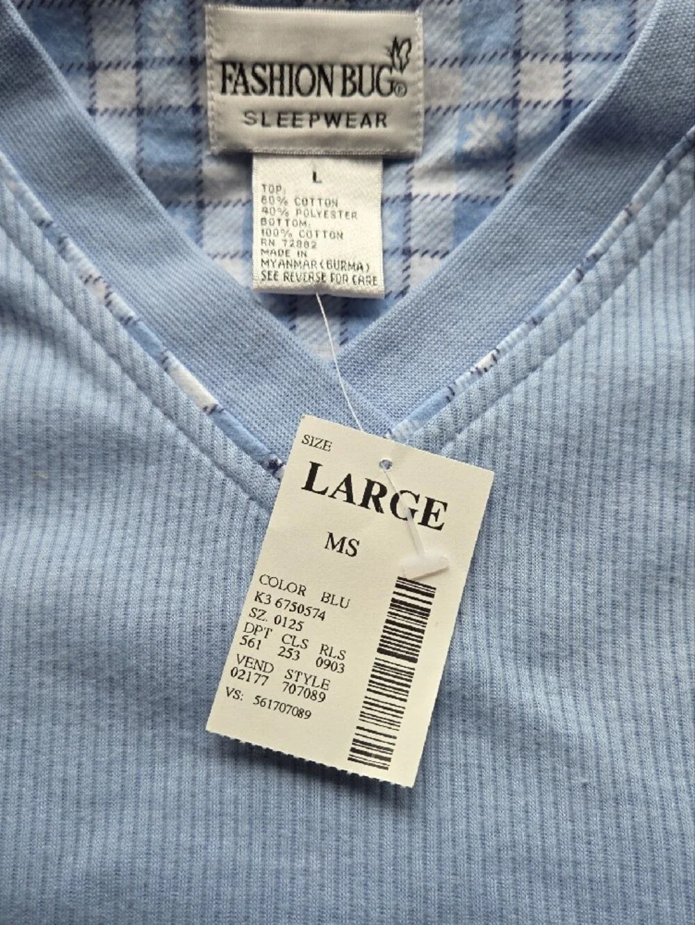 Fashion Bug Blue  Top and Plaid Pant Sleep Set Large